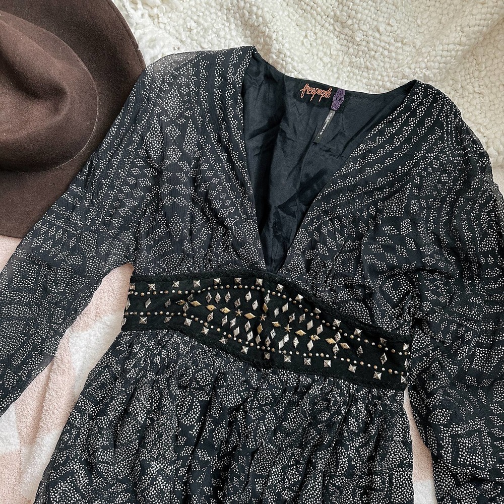 Free People low cut belted dress with silver detail and sheer sleeves, black